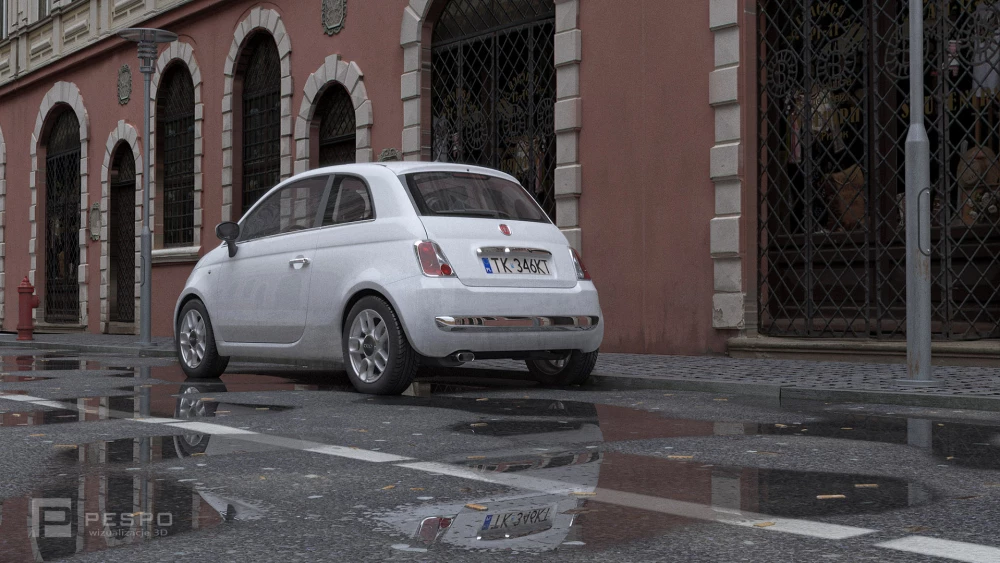 Wizualizacja kamiennicy z ulicą i stojącym samochodem | Pesponet