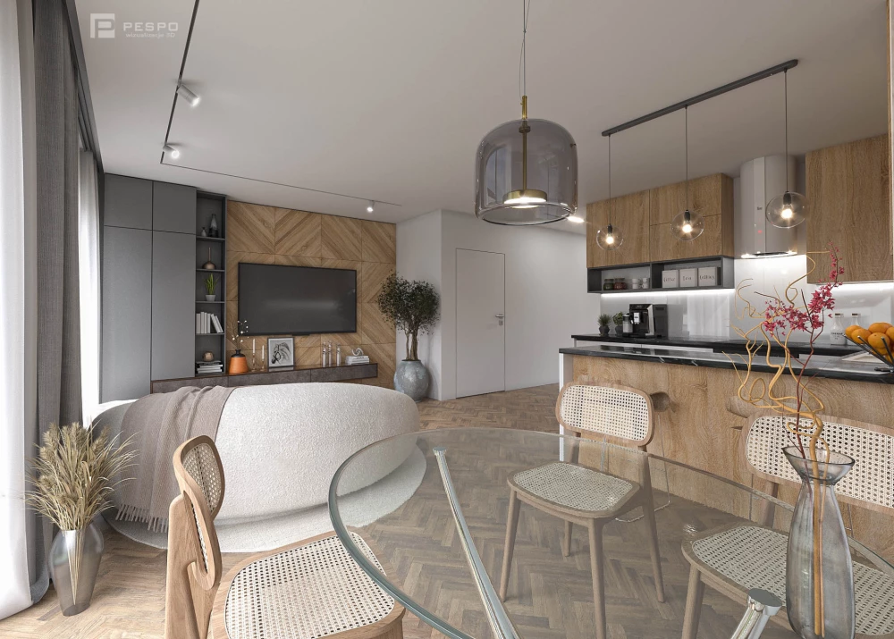 Wizualizacja nowoczesnego salonu z aneksem kuchennym | Pesponet