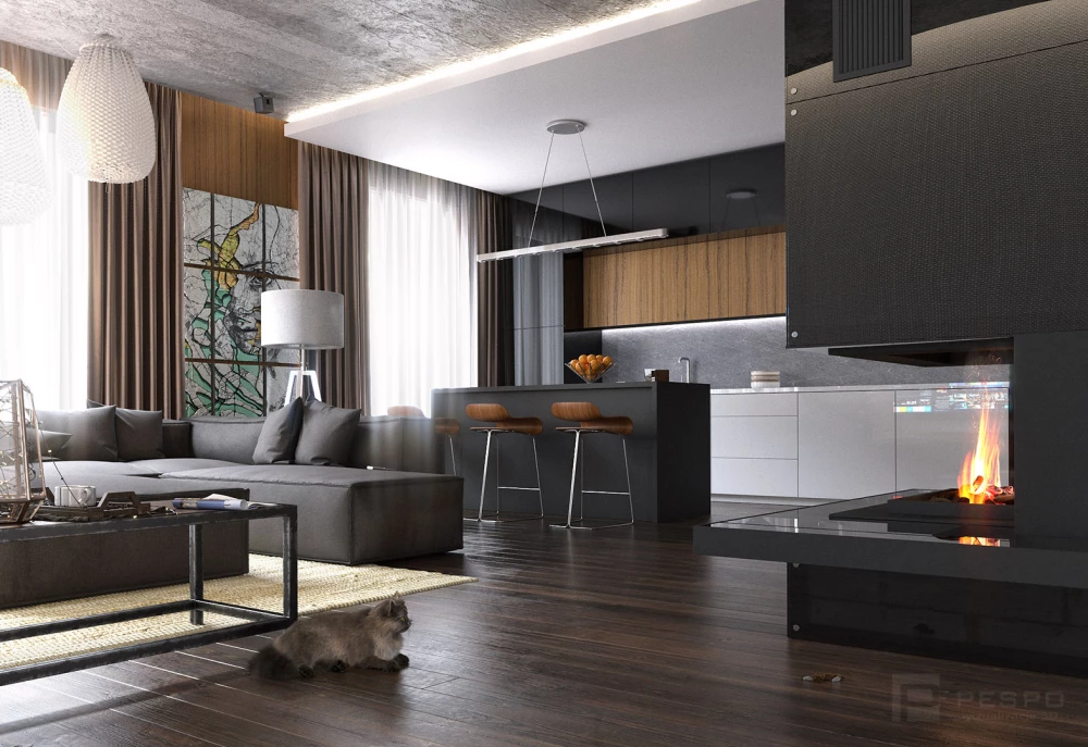 Wizualizacja salonu z aneksem kuchennym i kominkiem | Pesponet