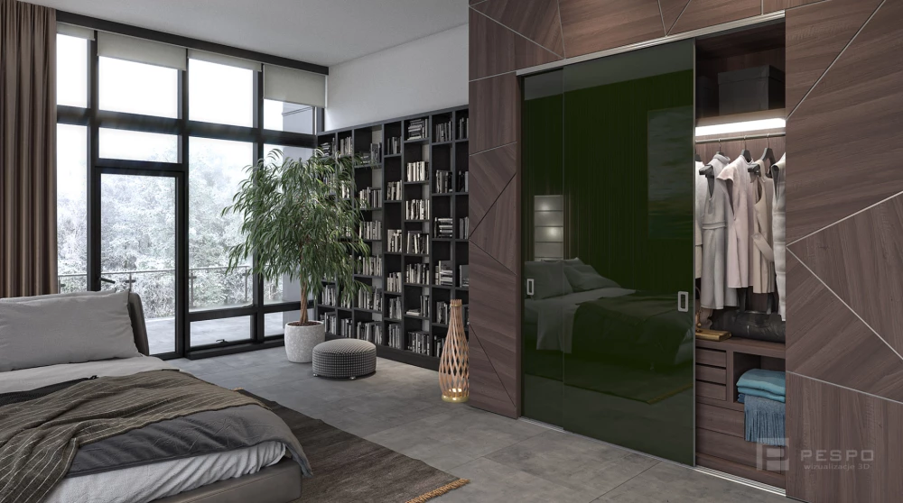 Fotorealistyczna wizualizacja szafy ubraniowej ze szklanymi drzwiami przesuwnymi | Pesponet
