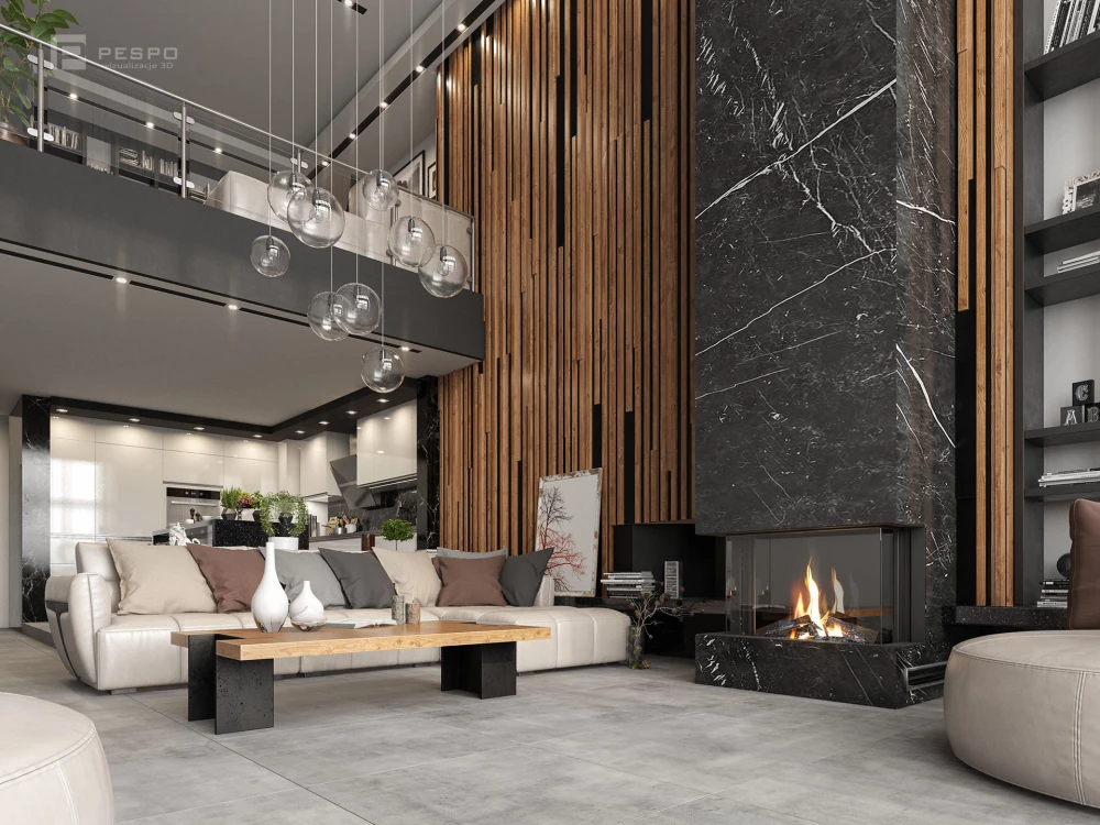 Wziualizacja produktowa kominka w zaaranżowanym nowoczesnym pomieszczeniu | Pesponet