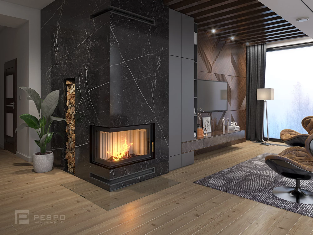 Wizualizacja mieszkania z narożnym kominkiem i telewizorem oraz panelami ściennymi | Pesponet