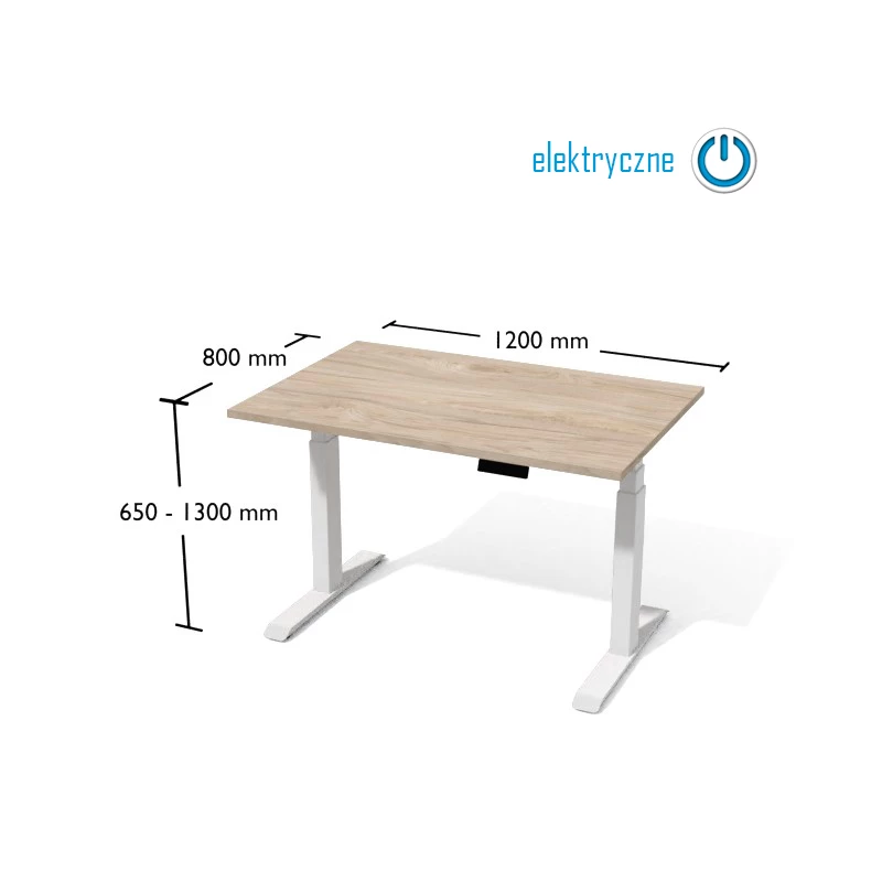 Rysunek biurka wraz z wymiarami. Biurko na elektrycznnie regulowanym stelażu metalowym.