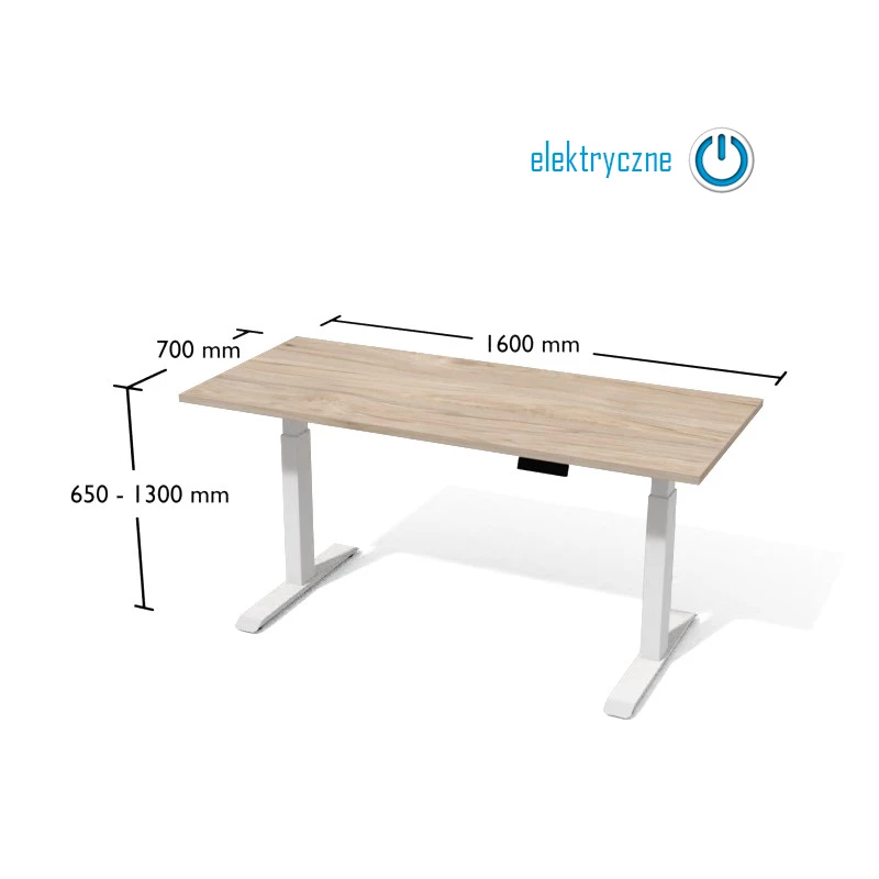 Rysunek biurka wraz z wymiarami. Biurko na elektrycznnie regulowanym stelażu metalowym.