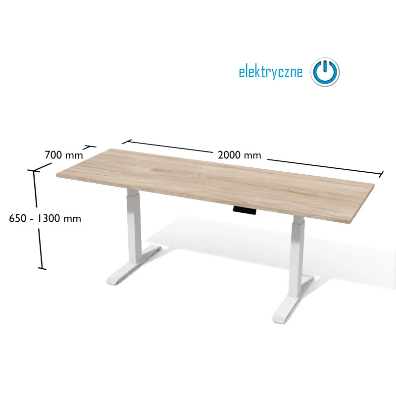Rysunek biurka wraz z wymiarami. Biurko na elektrycznnie regulowanym stelażu metalowym.