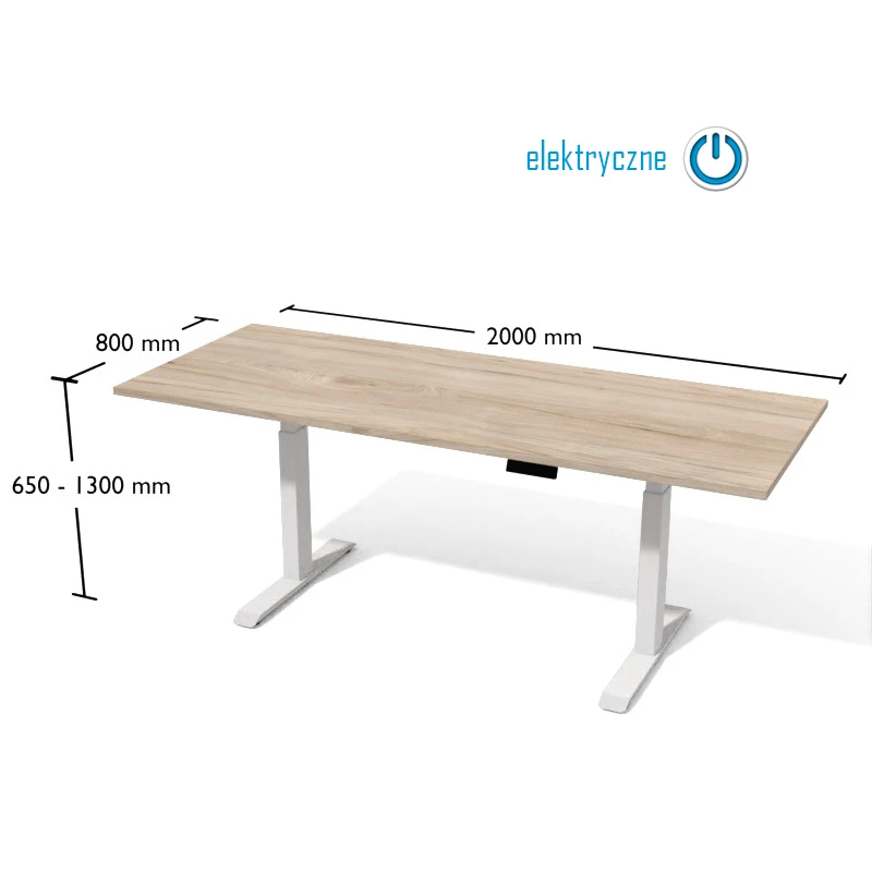 Rysunek biurka wraz z wymiarami. Biurko na elektrycznnie regulowanym stelażu metalowym.