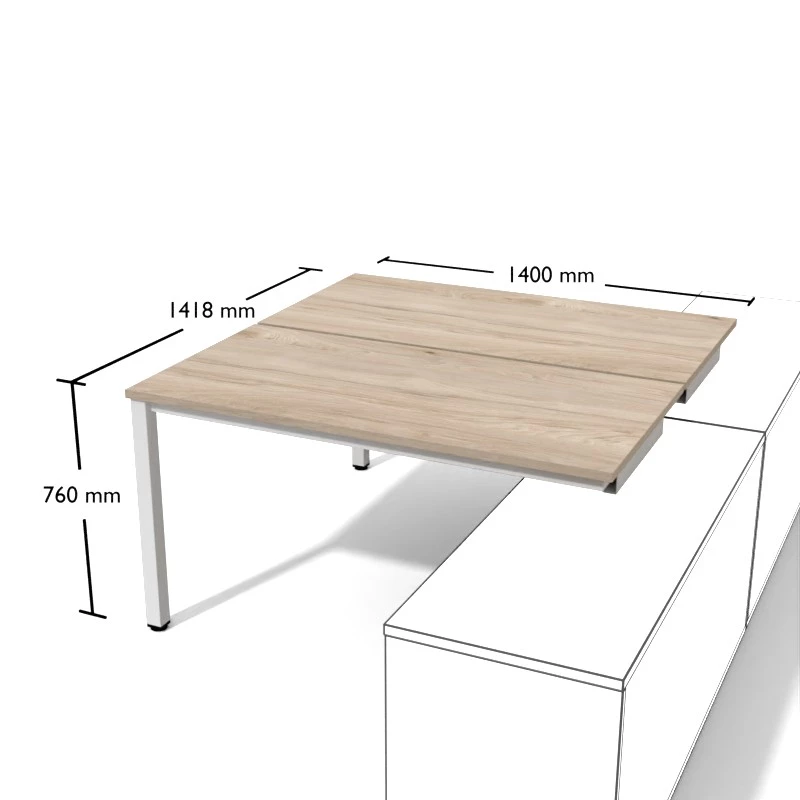 Biurko dwuosobowe na konstrukcji metalowej do stosowania z szafkami podporowymi. Wymiar biurka 140cm.