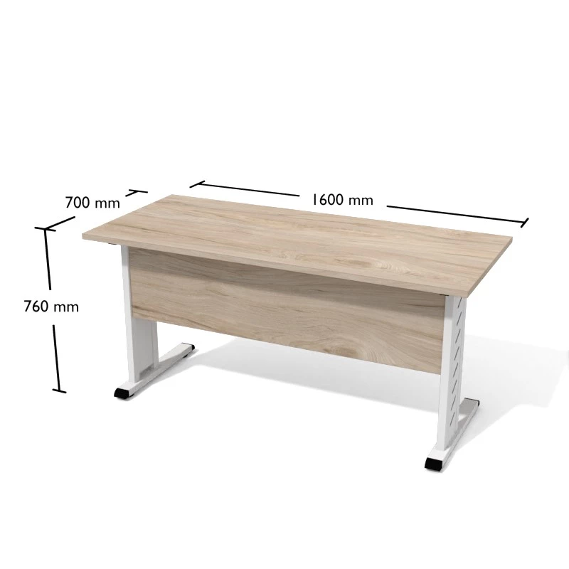Rysunek biurka wraz z wymiarami. Biurko proste na stelażu metalowym. Wymiary 160x70 cm
