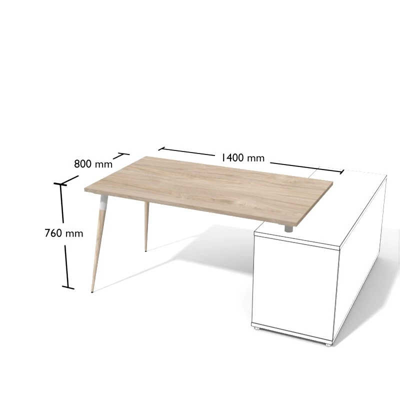 Biurko o wymiarach 140x80cm na zwężanych drewnianych nogach ustawionych ukośnie. Do stosowania wraz z dedykowanym kontenerem podporowym.