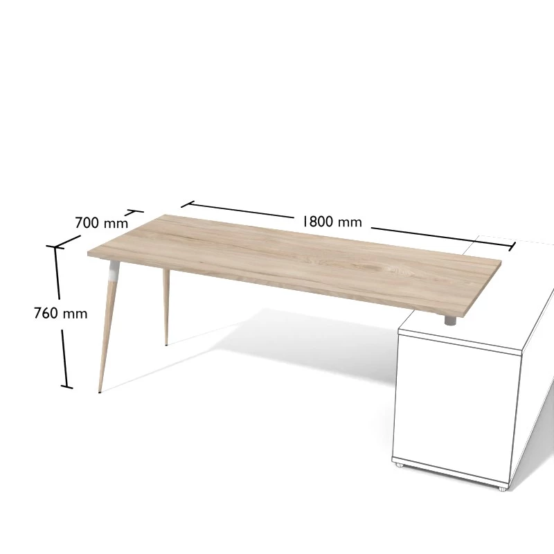 Biurko o wymiarach 140x80cm na zwężanych drewnianych nogach ustawionych ukośnie. Do stosowania wraz z dedykowanym kontenerem podporowym. Pesponet - meble biurowe Kielce
