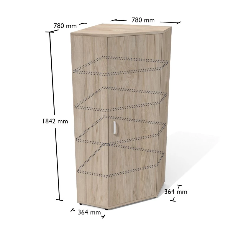 Rysunek szafy aktowej narożnej wraz z wymiarami